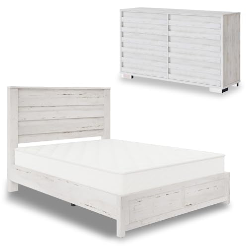 2-Piece Farmhouse Bedroom Set: Full Bed Frame and 6-Drawer Dresser