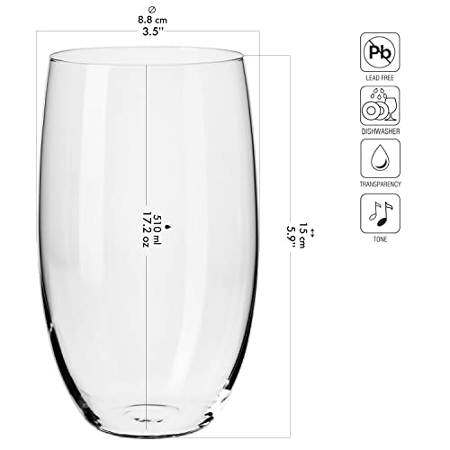 Set of 6 Lead-Free Crystal Drinking Glasses, 17.2 oz Transparent Glassware
