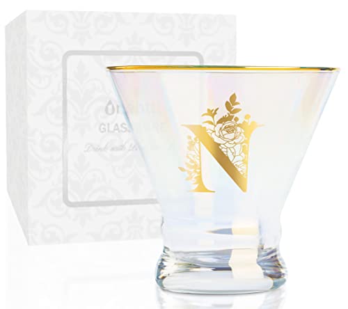 Onebttl Initial-N Iridescent Stemless Martini Glasses, 8 oz, Gift Box