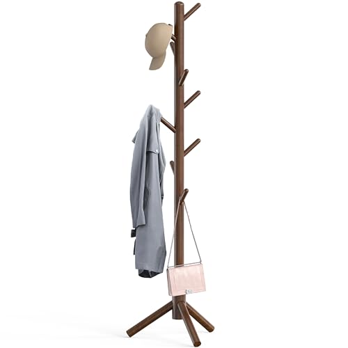 Wooden Coat Rack Stand with 9 Hooks, Adjustable Entryway Hall Tree