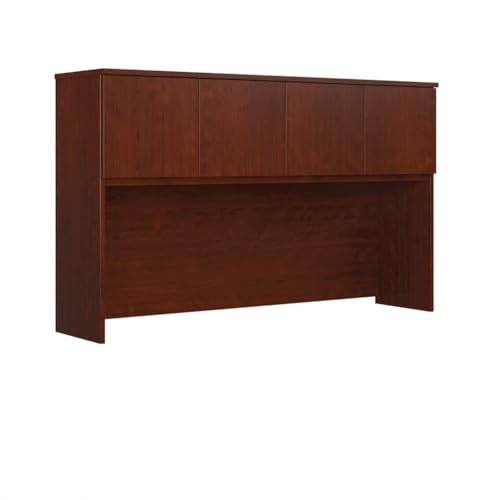 60-Inch Desk Hutch with Storage Cabinets and Open Workspace, Brown Wood