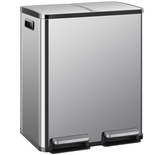 Dual Kitchen Trash Can 16-Gallon Stainless Steel Step Garbage Bin
