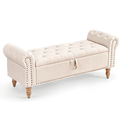 51-Inch Upholstered Storage Bench, Button-Tufted Linen Ottoman for Bedroom