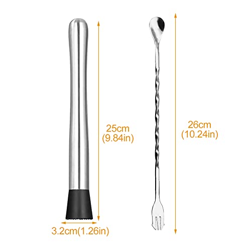 Melunira 10-Inch Silver Cocktail Muddler Set with 2 Spoons - Barware