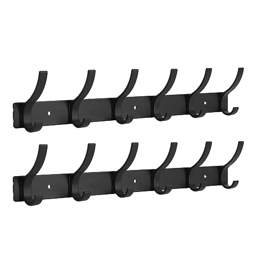 Wall Mounted Coat Rack - 12 Hook Aluminum Entryway Hanger (2 Pack, Black)