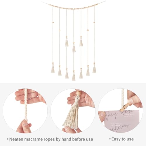 Macrame Hanging Photo Display with LED String Lights and 30 Wood Clips