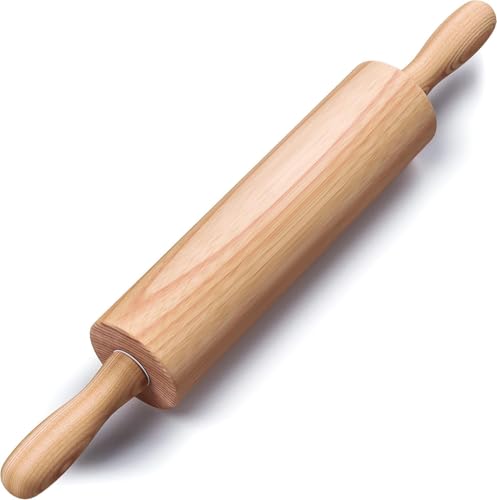 Beech Wood Rolling Pin with Handles - 17.6 Inch Dough Roller for Baking