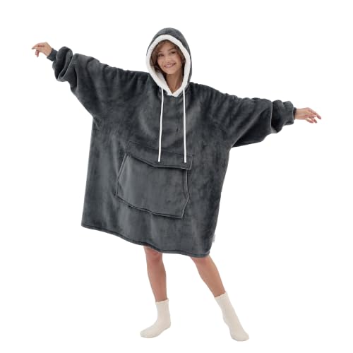 Qeils Dark Grey Wearable Blanket Hoodie for Women - Sherpa Fleece Cozy Pullover