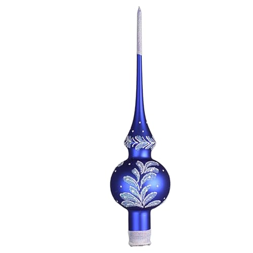 Blue Glass Christmas Tree Topper - Handcrafted Snow Glitter Finial, 11 Inch