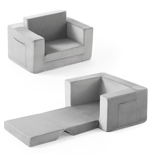 2-in-1 Foldable Toddler Sofa Chair - Grey Velvet Kids Recliner