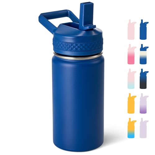 Insulated Stainless Steel Kids Water Bottle with Straw 12 oz Navy Blue