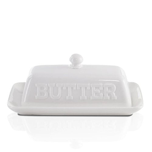 Maison Neuve White Ceramic Butter Dish with Lid for Countertop, White Kitchen Decor, Bold Embossed Font, Chip-Resistant, Microwaves & Dishwasher Safe, Butter Keeper, Country Kitchen Decor