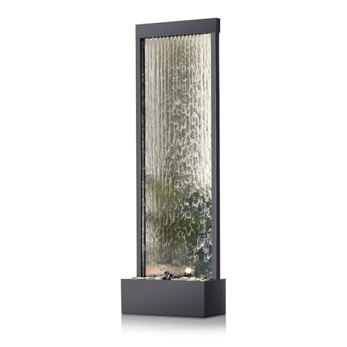 72-Inch Mirror Waterfall Floor Fountain with LED Lights & River Stones