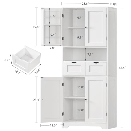 Tall Kitchen Pantry Cabinet with Adjustable Shelves and 2 Drawers, White