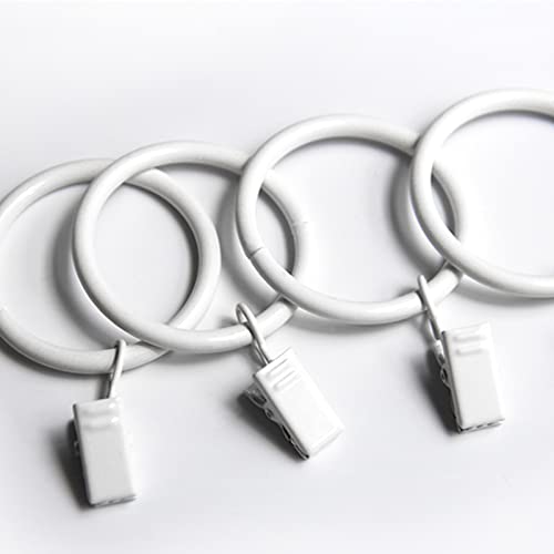 1.25 Inch Curtain Rings with Clips - Set of 14 White Metal Drapery Hooks