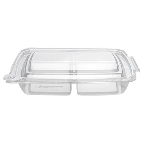 Tamper Tek 13 Ounce Rectangle Take Out Containers, 100 Durable Carryout Containers - Tamper-Evident, Freezable, Clear Plastic To-Go Containers, 4 Compartments, With Hinged Lids - Restaurantware