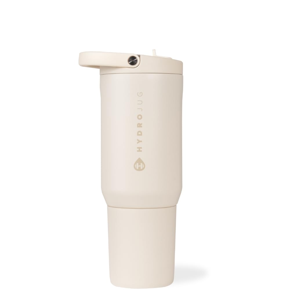 HydroJug Sport - Stainless Steel Tumbler with Straw, Vacuum Insulated, 20oz Leakproof Water Bottle, Ergonomic Design, Reusable, Dishwasher Safe, Rubber Base, Durable for Gym or Outdoors, Cream