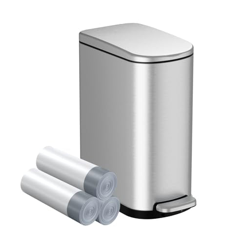 Slim Stainless Steel Trash Can, 2.6 Gallon Soft Close Garbage Can with Removable Inner Bucket and Bags for Bathroom and Narrow Spaces
