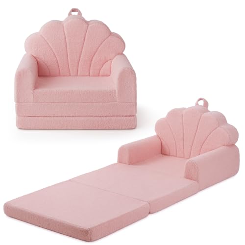 2-in-1 Foldable Kids Sofa Chair - Pink Shell Foam Convertible Play Couch