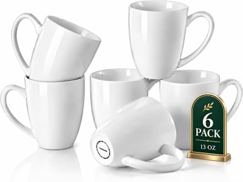 Set of 6 White Porcelain Coffee Mugs 13oz - Microwave & Dishwasher Safe