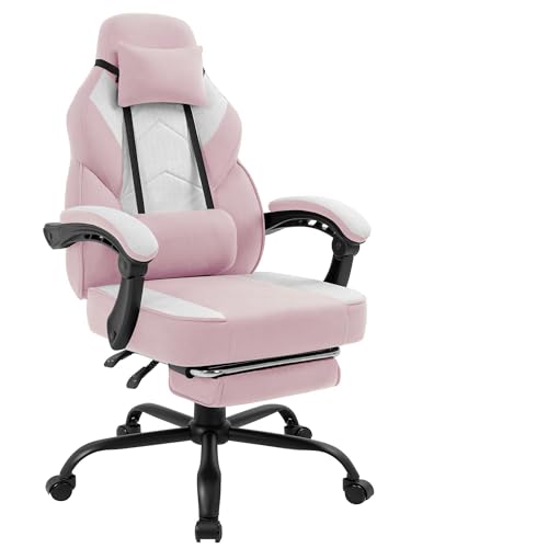 Ergonomic Gaming Chair with Massage Lumbar Support, Fabric Pink & Footrest