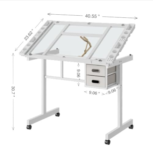Adjustable Drafting Table with Glass Top, Rolling Art Desk with Drawers