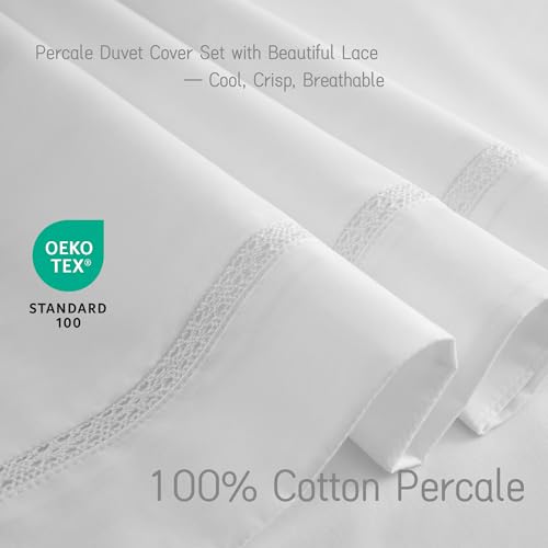 Queen Size White Cotton Duvet Cover with Lace Trim - 90x90
