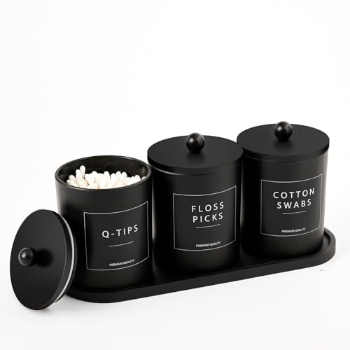 3-Piece Glass Bathroom Canister Set with Bamboo Tray - Black Cotton Holder