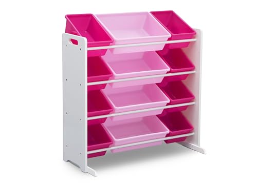Kids Toy Storage Organizer with 12 Plastic Bins - White and Pink