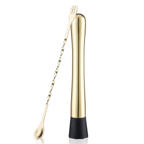 Gbuxska Gold Cocktail Muddler Set - 10 Inch Bar Mixing Spoon & 8 Inch Muddler for Drinks
