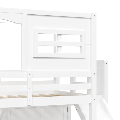Twin Size Wood House Loft Bed with Wardrobe, Slide, and LED Lights