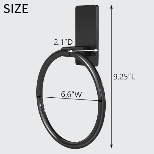 STWWO Black Adhesive Hand Towel Ring - No Drill Towel Holder for Bathroom