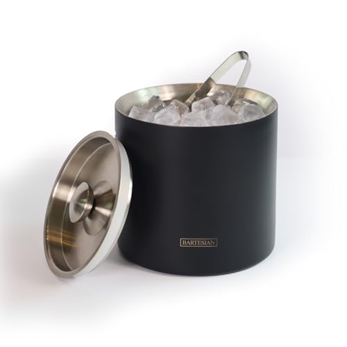 Bartesian Insulated Ice Bucket with Lid & Tongs - Matte Black Stainless Steel, Keeps Ice Cold 36 Hours, 100 oz Capacity