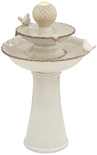 2-Tier Ceramic Outdoor Water Fountain with LED Light, 27-Inch Floor Basin