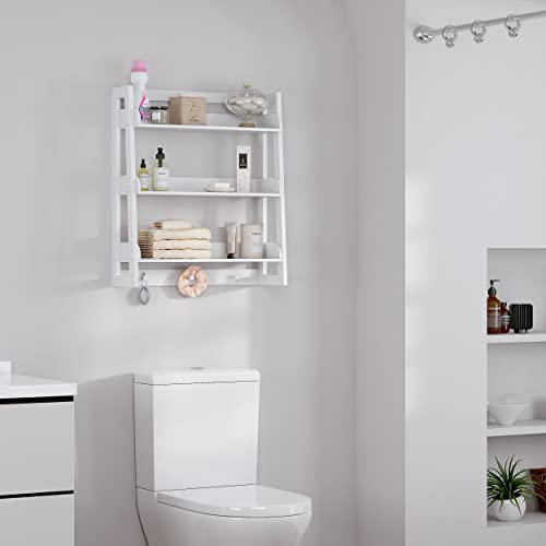 3-Tier Wall-Mounted Ladder Shelf with Hooks, White Wood Storage Organizer