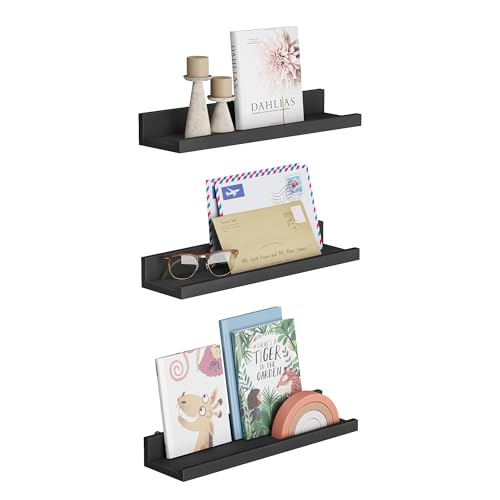 SONGMICS Floating Shelves, Set of 3 Wall Shelves, 15-Inch Wide, for Photo Frames and Trinkets, for Living Room, Home Office, Kitchen, Bathroom, Black ULWS38BK