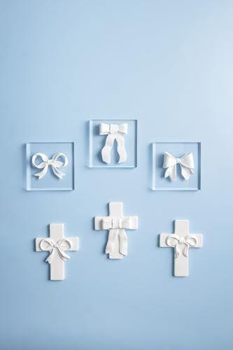Decorative White Ceramic Cross with Dimensional Bow, 6 x 4 Inch Tabletop Decor