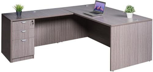 Boss Office L-Shape Desk with Pedestal - Driftwood Finish, Reversible Return, for Home & Office
