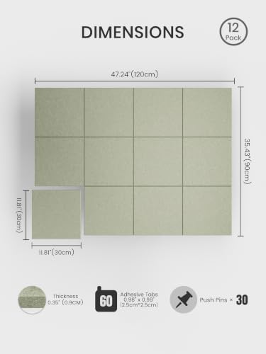 12-Pack Felt Bulletin Board Tiles, Sage Green Adhesive Wall Memo Tiles