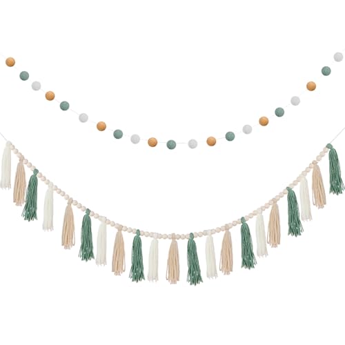 Boho Tassel and Pom Pom Garland Set - Sage Green Cotton Wall Decor