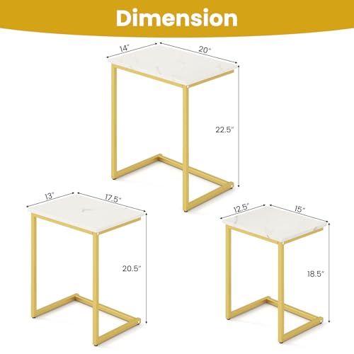 GOFLAME Gold & White Faux Marble Nesting Coffee Tables Set of 3 - Modern C-Shaped Side Tables for Living Room & Bedroom