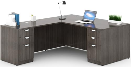 Boss Office L-Shape Desk with Pedestal - Driftwood Finish, Executive Office Furniture