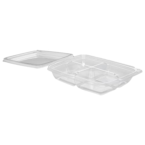 Tamper Tek 13 Ounce Rectangle Take Out Containers, 100 Durable Carryout Containers - Tamper-Evident, Freezable, Clear Plastic To-Go Containers, 4 Compartments, With Hinged Lids - Restaurantware