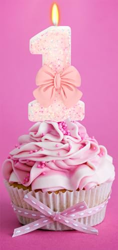 Pink Glitter Number 1 Birthday Candle with Bowknot - 3 Inch Cake Topper