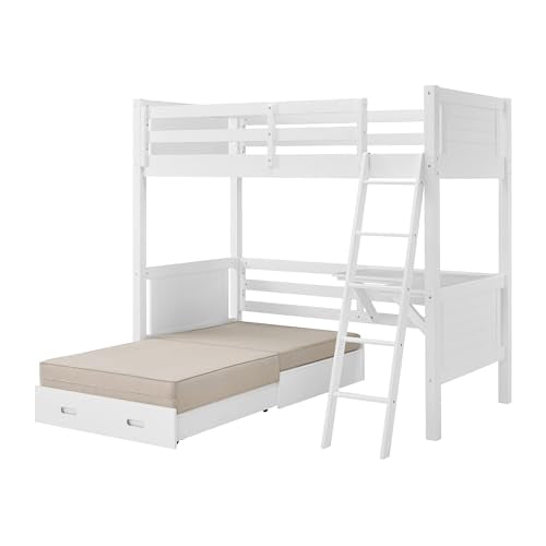 Twin Size Loft Bed with Built-in Desk and Fold-Out Futon, White