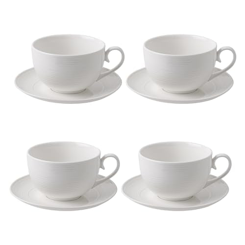Feenmai 12oz Ceramic Cappuccino Cups & Saucers Set of 4 - White Latte Mug for Coffee & Tea, Microwave & Dishwasher Safe