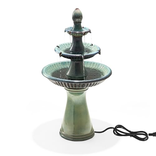 Turquoise 3-Tier Ceramic Outdoor Fountain with LED Lights - Garden Waterfall
