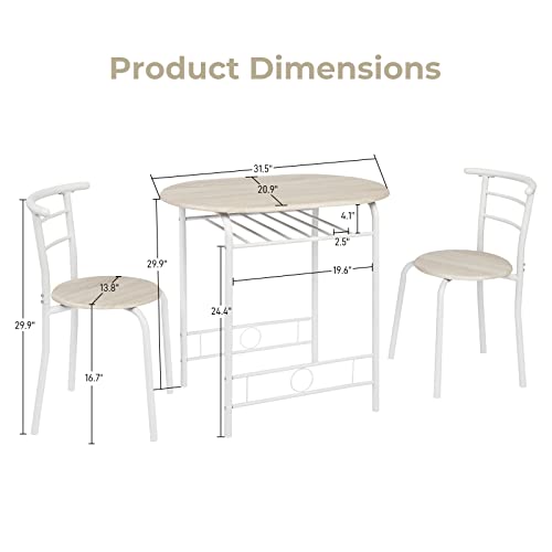 3-Piece Small Dining Table Set for 2 with Built-In Wine Rack, White & Light Oak