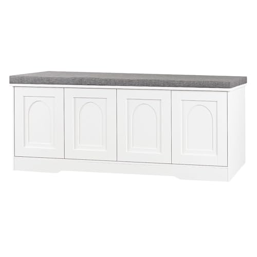 47-inch Shoe Storage Bench with Cushion and Door, White Entryway Cabinet