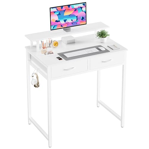 31-Inch Small Computer Desk with Drawers and Monitor Stand - White